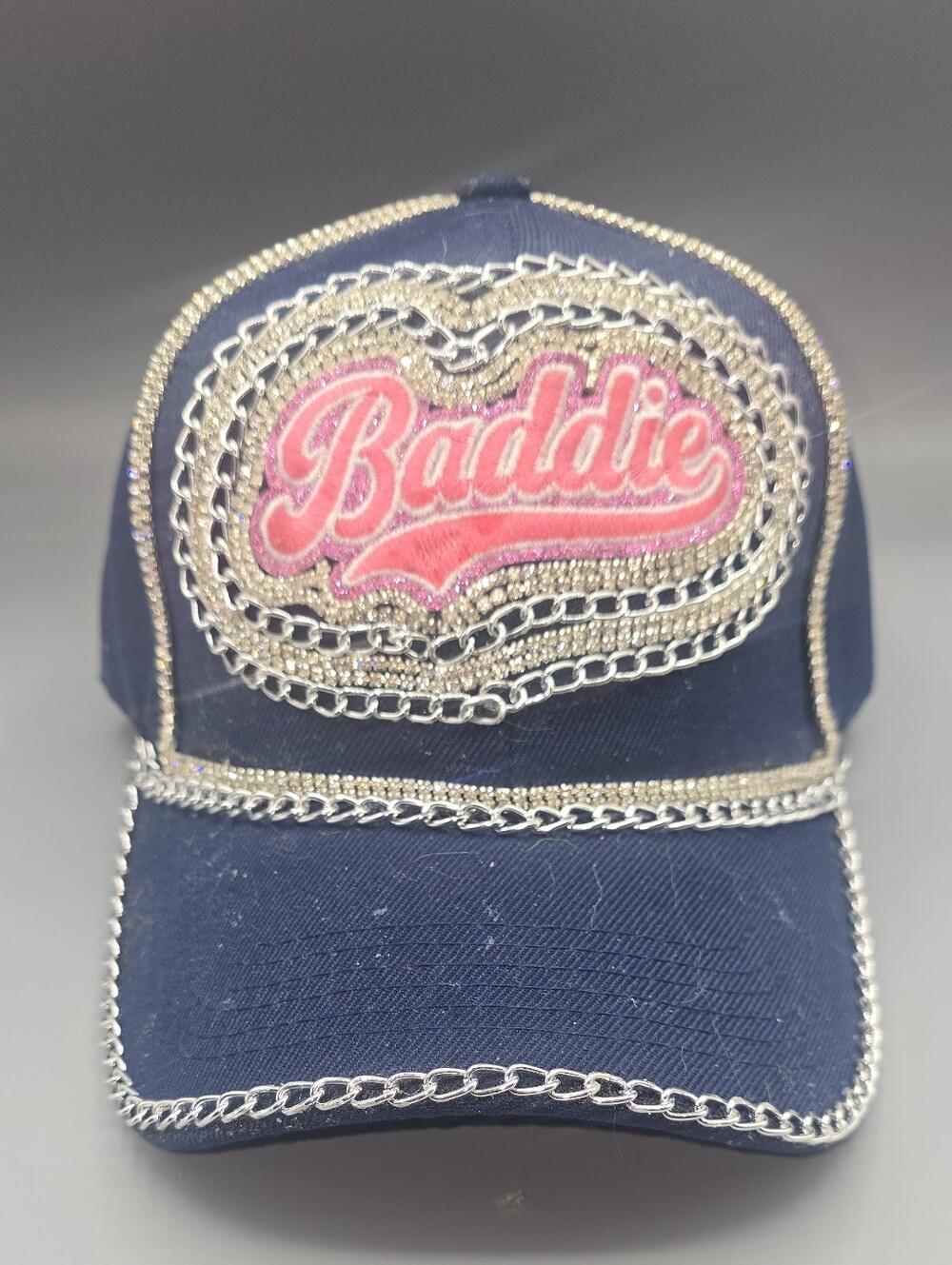 Baddie Embroidered Navy Cap with SILVER EMBELISHMENTS